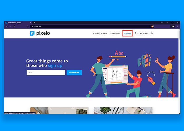 Screenshot image of Pixelo website highlighting Freebies option on top Menu.