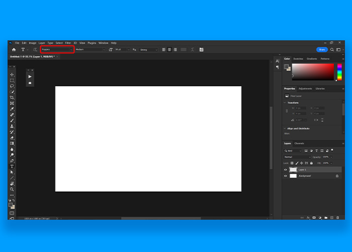 Screenshot of Photoshop highlighting the top left text search box.