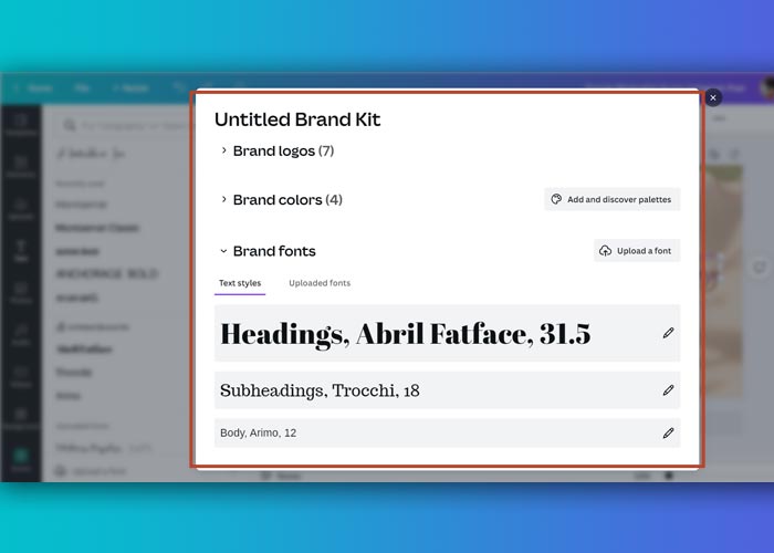 Screenshot of Canva Text Tool after Clicking on upload a font