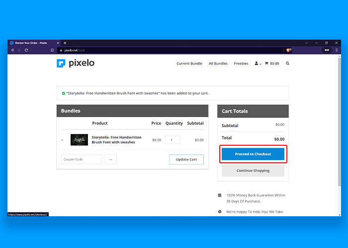 Screenshot of Pixelo website “proceed to checkout” page for getting freebie.