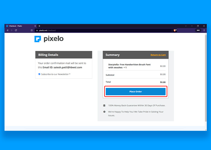 Screenshot of Pixelo website's “place order” page for getting freebie.