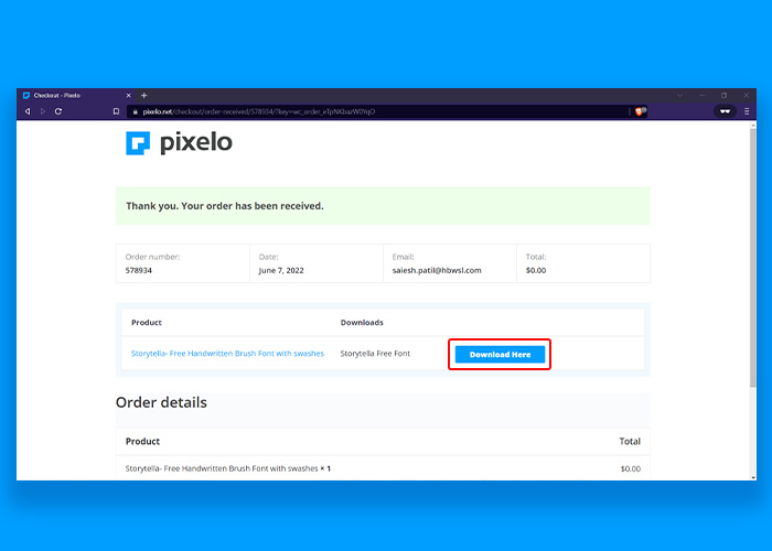 Screenshot of Pixelo website's “Download Here” button in freebie check out page for getting freebie.