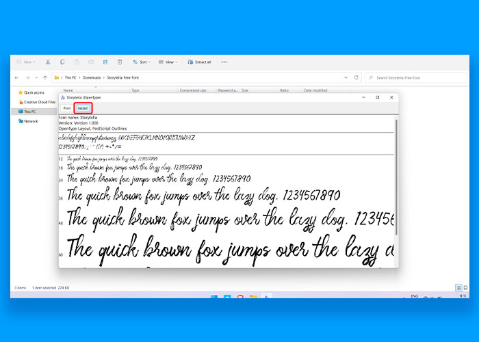 Screenshot image of an OpenType box of your downloaded freebie font file in your system.