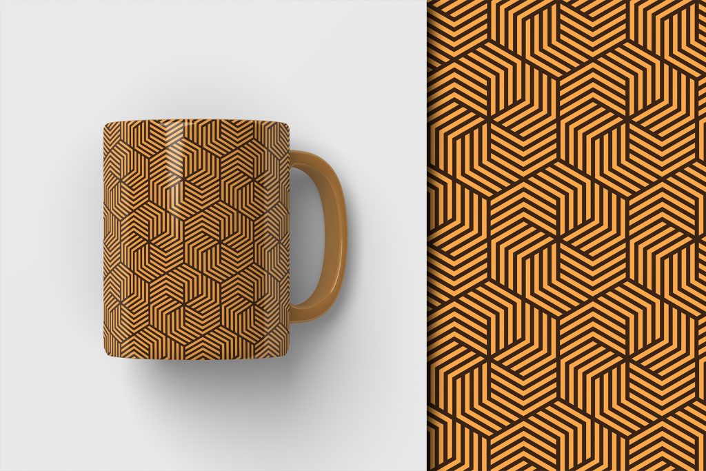 a collage of the images of the a brown pattern along with its mockup on a coffee mug