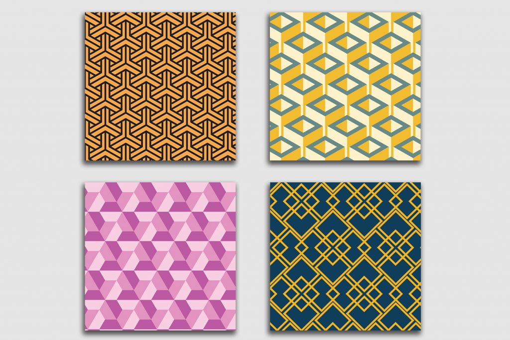 Mockup showcasing the patterns on four canvas