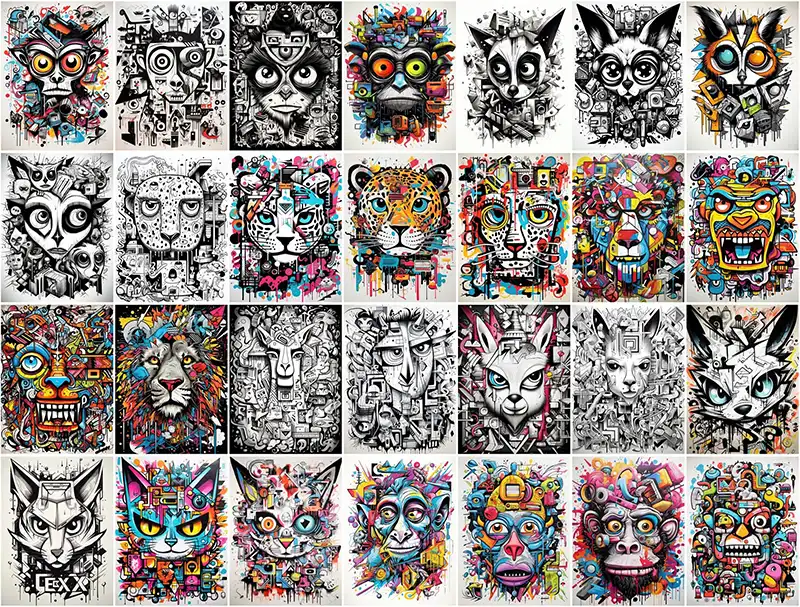 A collage of the animal images included in the Free Animal Graffiti Doodle Prints Collection- Preview 4