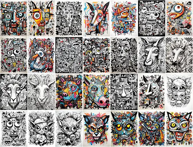 A collage of the animal images included in the Free Animal Graffiti Doodle Prints Collection- Preview 3