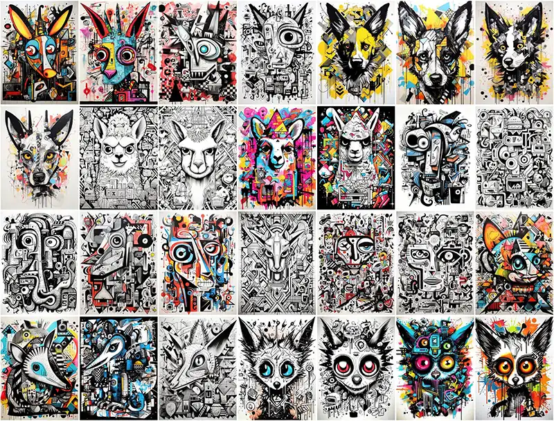 A collage of the animal images included in the Free Animal Graffiti Doodle Prints Collection- Preview 2