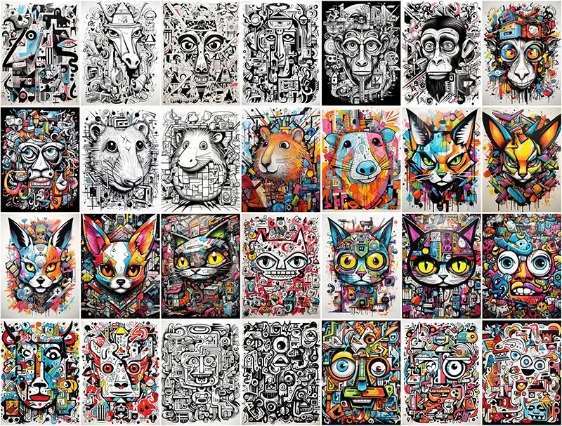 A collage of the animal images included in the Free Animal Graffiti Doodle Prints Collection- Preview 1