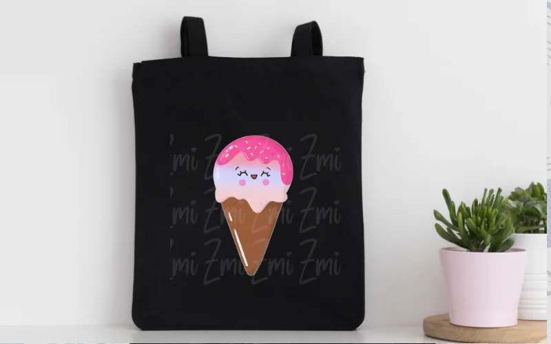 A preview of one of the popsicles printed on a black hand bag